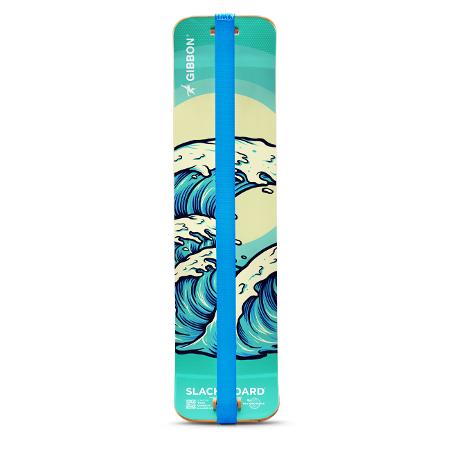 Gibbon slackboard with wave design and blue strap on a white background