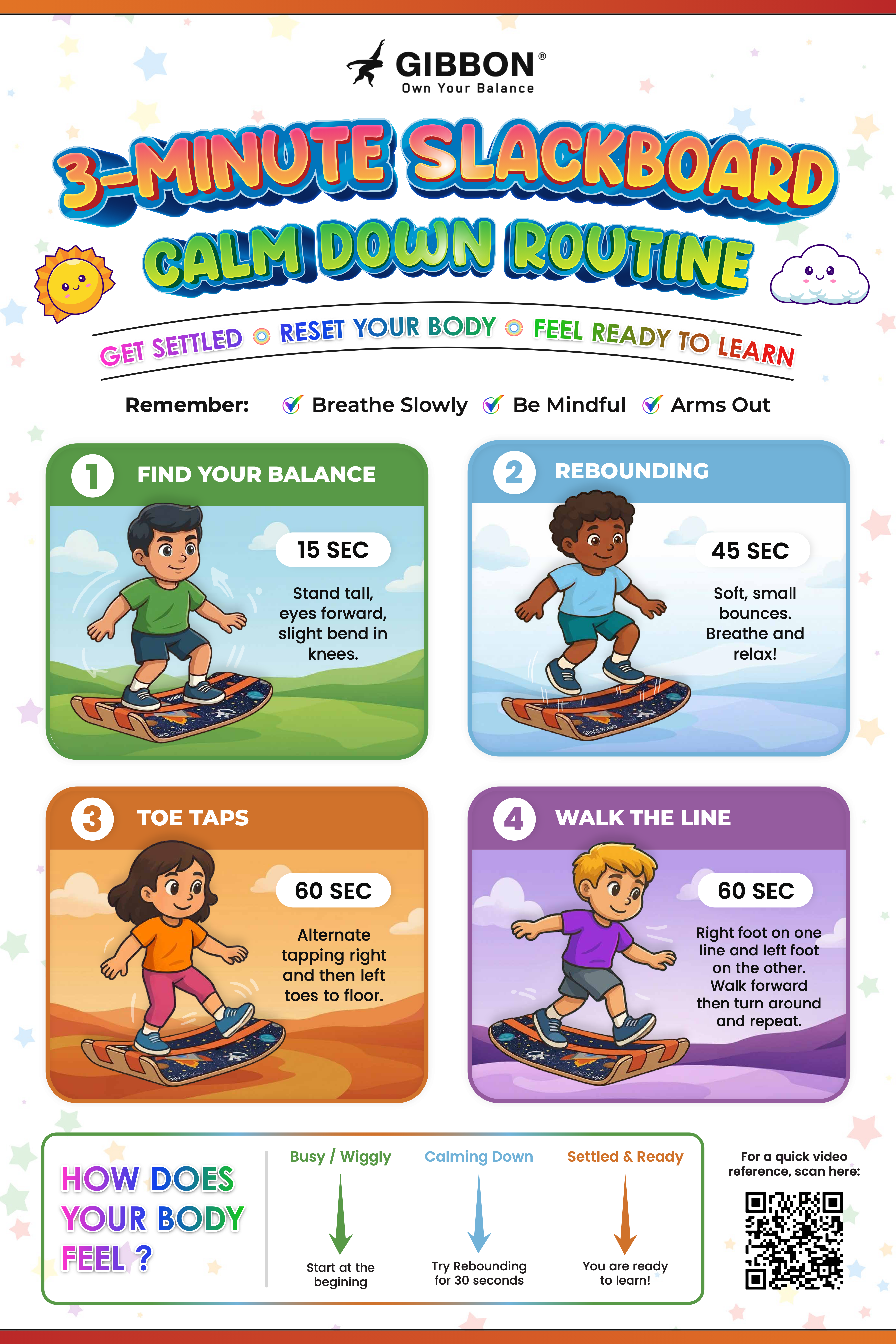 GIBBON three-minute SlackBoard calm down routine classroom and home poster